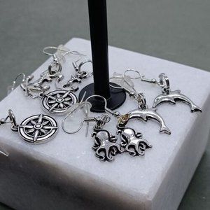 Lot of 4 Earrings Nautical Theme Silvertone Octopus Dolphin Compass Anchor